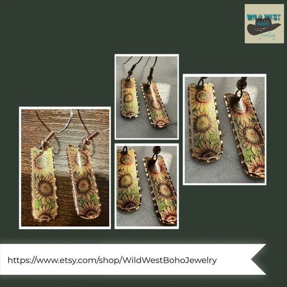 Handcrafted Copper Diamond Cut Sunflower Wire Drop Earrings, Western Boho, Gift - Picture 1 of 9
